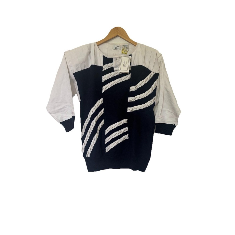 NWT Vintage Bonnie & Bill Colorblock Beaded Cable Knit Sweater Navy White Med